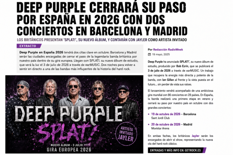 Deep Purple en España 2026 con conciertos en Barcelona y Madrid