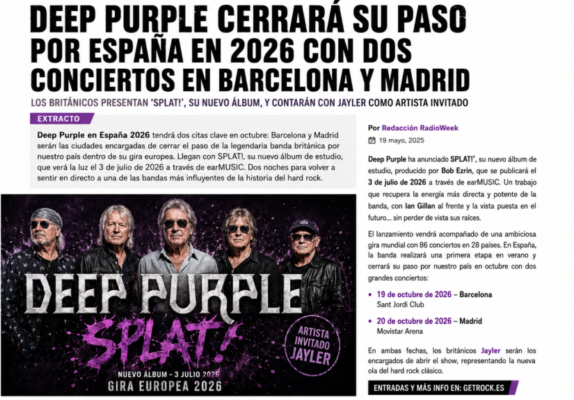 Deep Purple en España 2026 con conciertos en Barcelona y Madrid