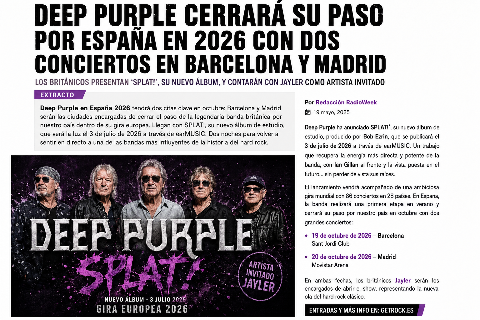 Deep Purple en España 2026 con conciertos en Barcelona y Madrid