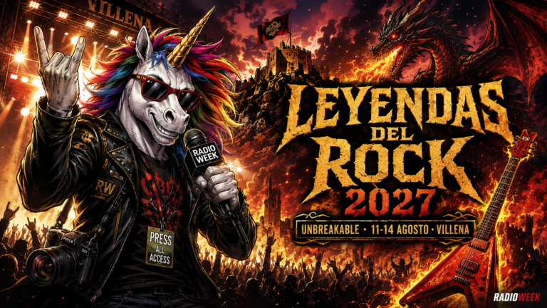 Cartel de Leyendas del Rock 2027 Unbreakable con un dragón rodeando una guitarra eléctrica en llamas