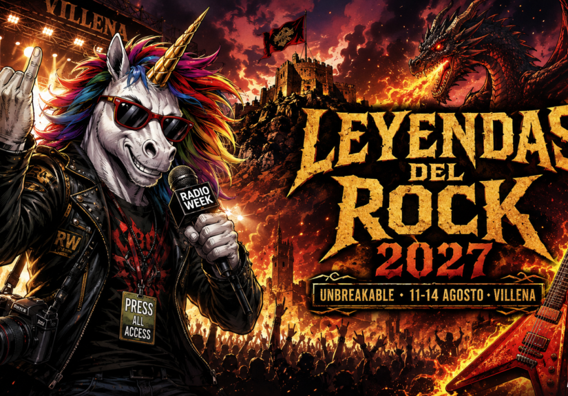 Cartel de Leyendas del Rock 2027 Unbreakable con un dragón rodeando una guitarra eléctrica en llamas