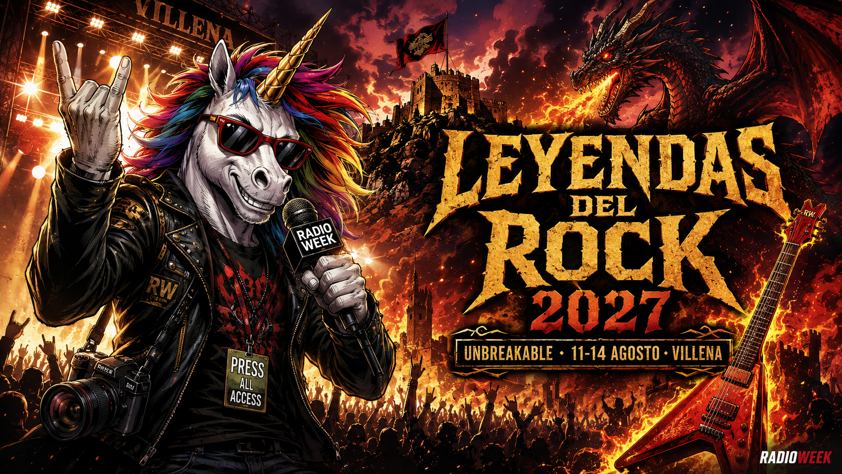 Cartel de Leyendas del Rock 2027 Unbreakable con un dragón rodeando una guitarra eléctrica en llamas