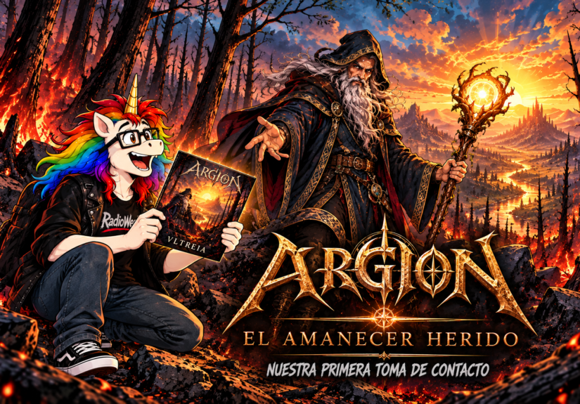 Unicornio y mago bajo el amanecer herido