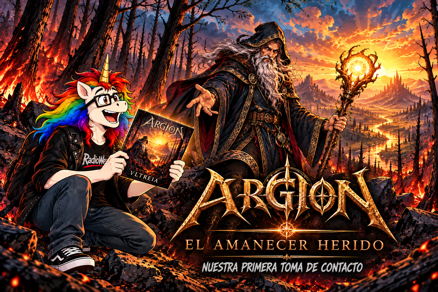 Unicornio y mago bajo el amanecer herido