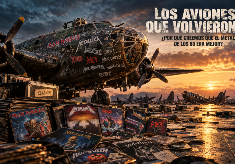 Avión de metal entre vinilos ochenteros