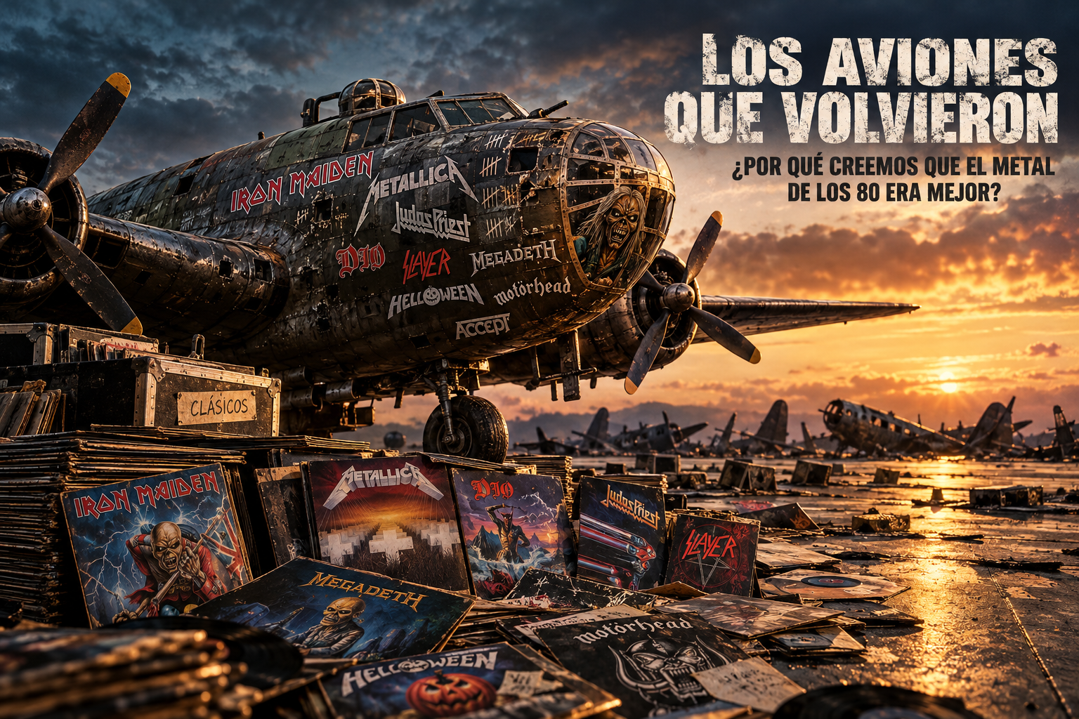 Avión de metal entre vinilos ochenteros
